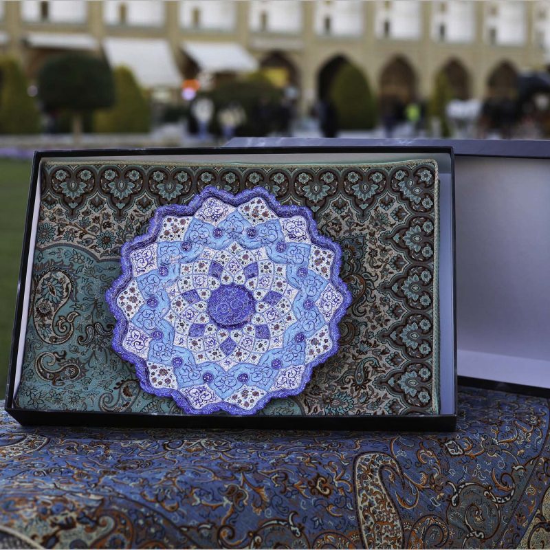 Handcrafted Minakari plate and Termeh tablecloth set in an elegant black stone-patterned gift box