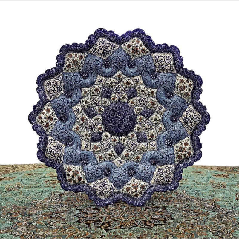 Handcrafted Minakari plate and Termeh tablecloth set in an elegant black stone-patterned gift box