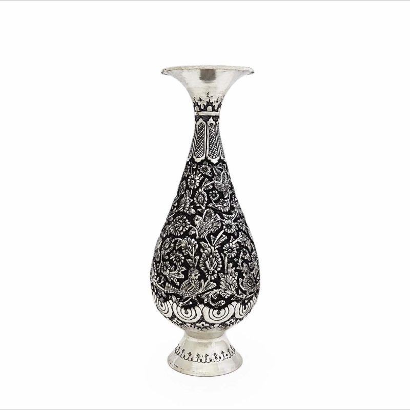 Handcrafted Persian Toreutics vase with floral engravings, made from copper and finished with tin and carbonic detailing. 25 cm height.