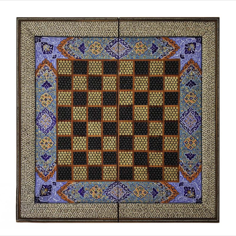 Persian walnut backgammon board with blue islame pattern, handcrafted from walnut wood, 50 cm x 50 cm in size