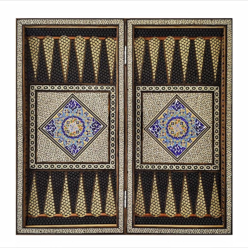 Persian walnut backgammon board with blue islame pattern, handcrafted from walnut wood, 50 cm x 50 cm in size