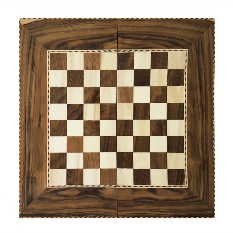 Handcrafted Walnut Backgammon board made from Persian walnut wood, measuring 50 cm by 50 cm, with traditional Persian design elements.
