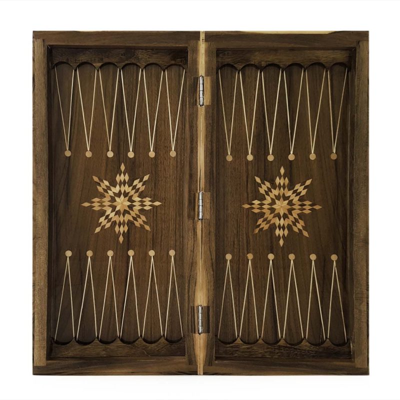 Handcrafted Walnut Backgammon board made from Persian walnut wood, measuring 50 cm by 50 cm, with traditional Persian design elements.
