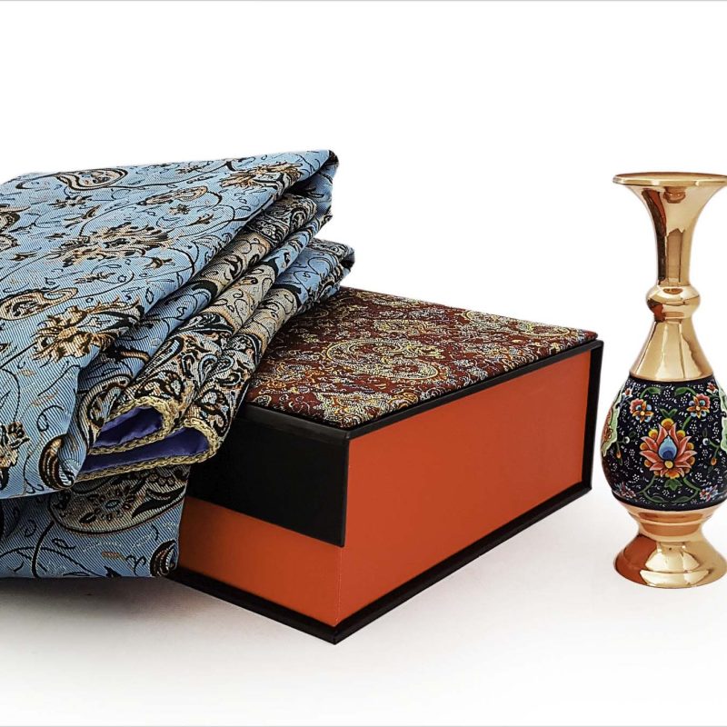 Copper vase and Termeh tablecloth set in a luxurious Termeh-covered hard box