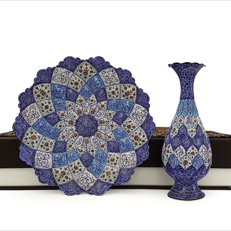 Hand-painted Minakari vase and plate set in a luxurious hard box with Termeh fabric cover