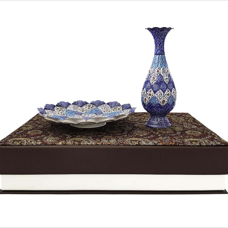 Hand-painted Minakari vase and plate set in a luxurious hard box with Termeh fabric cover