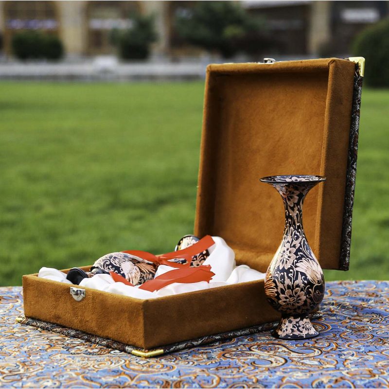 Hand-engraved 16 cm copper vase with gol o morgh motifs, presented in a luxurious Termeh and suede gift box