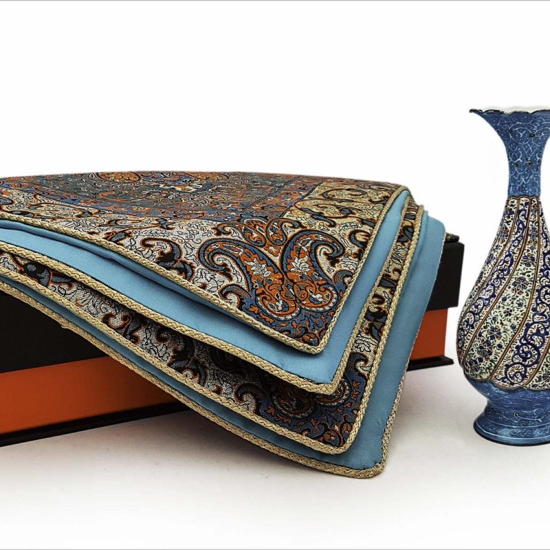 Hand-painted Minakari vase and Termeh tablecloth set in a luxurious red and black Termeh-covered gift box