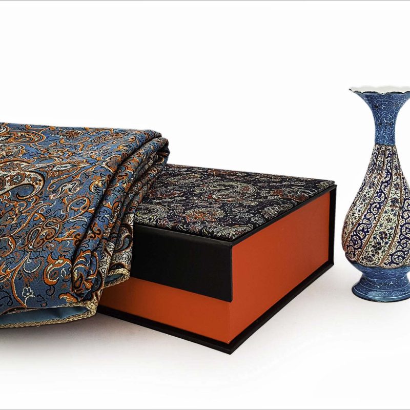 Hand-painted Minakari vase and Termeh tablecloth set in a luxurious red and black Termeh-covered gift box