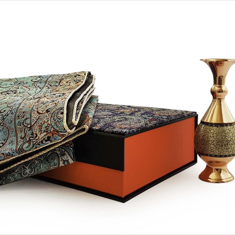 Khatam vase and Termeh tablecloth set in an elegant Termeh-covered gift box