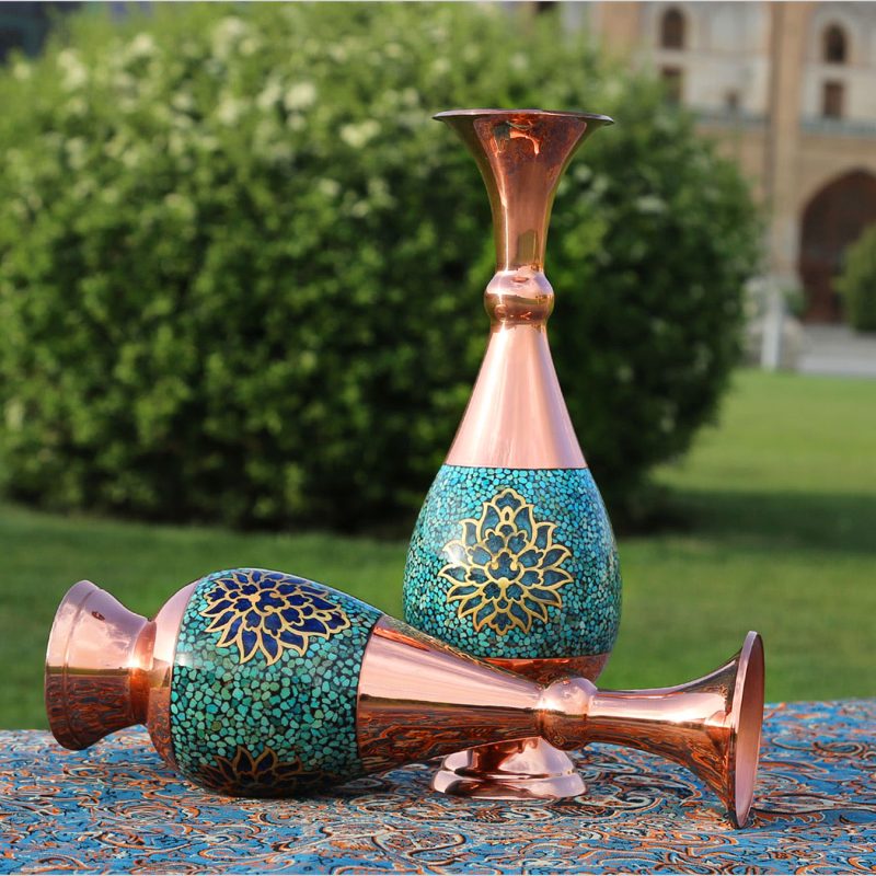 A pair of 30 cm Teranj Persian Turquoise Vase featuring a copper base adorned with hand-set Nishapur turquoise stones, showcasing exquisite Persian craftsmanship.