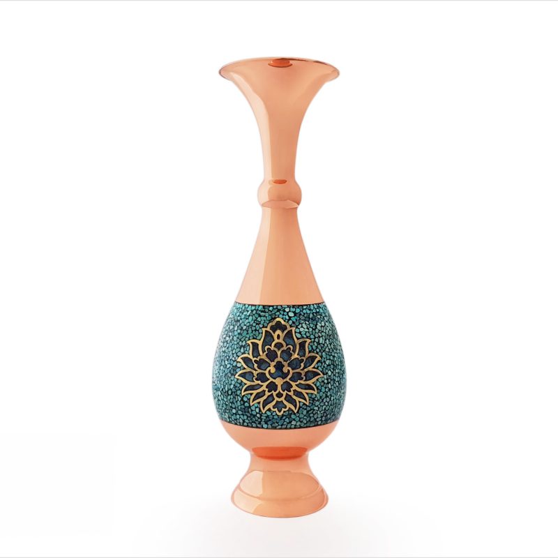 A 30 cm Teranj Persian Turquoise Vase featuring a copper base adorned with hand-set Nishapur turquoise stones, showcasing exquisite Persian craftsmanship.